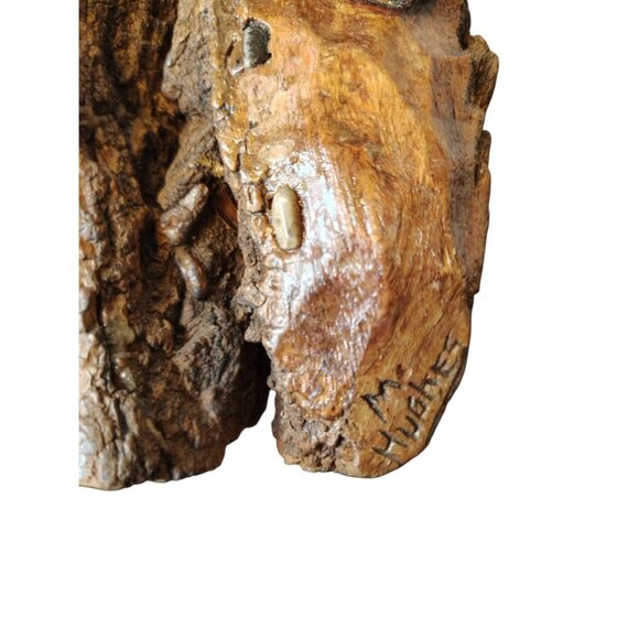 Handmade Folk Art Wooden Carved Old Man with Bared Wall Art, Signed M. Hughes - Picture 3 of 5